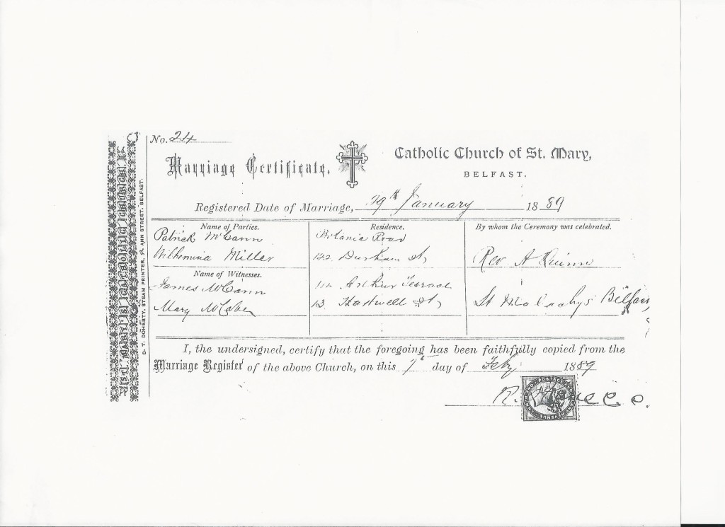 1.marriage certificate, Patrick and Wilhelmina McCann